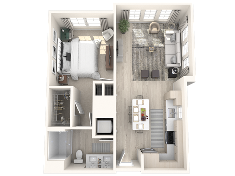 Floor plan for 1 bed, 1 bath, 771 sqft